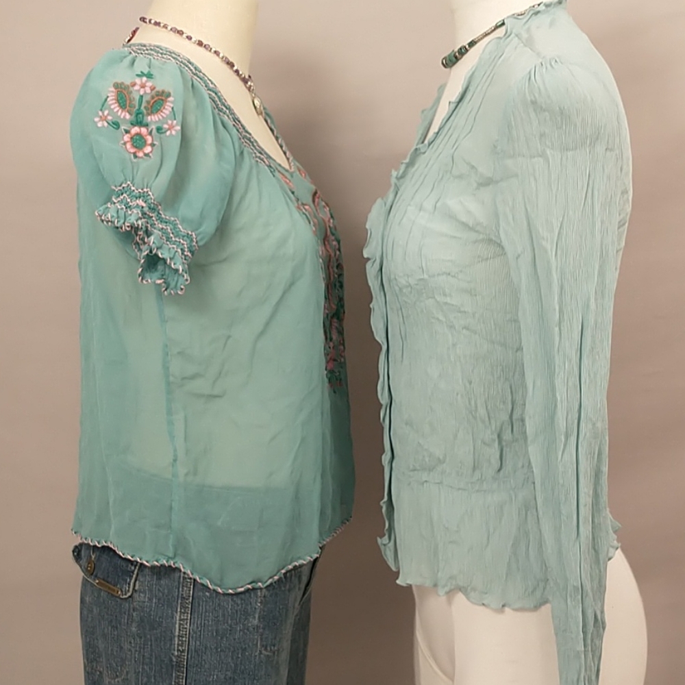 2 Silk Tops Aqua SS Peasant & Button Front Lon Slv - Picture 4 of 14